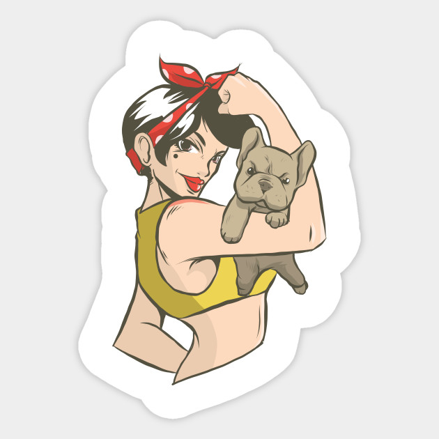 Pinup girl with bulldog puppy